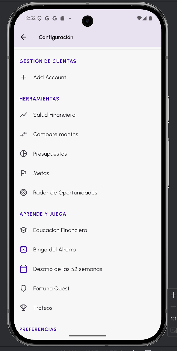 Captura de pantalla de la app Bancfy mostrando la sección de gamificación